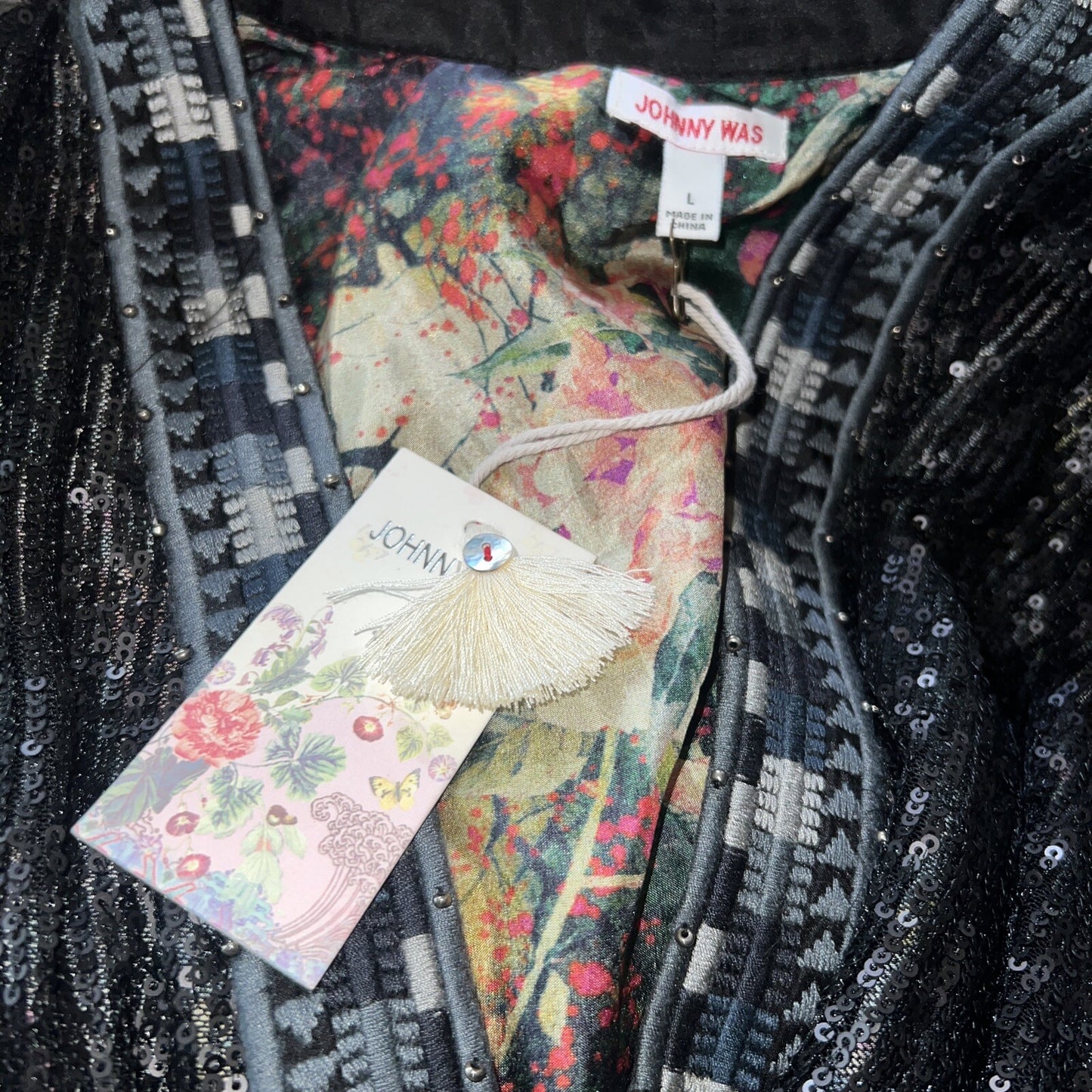 Johnny Was L 100% Silk & Sequins Black KIMONO Long Duster Coat REVERSIBLE Johnny Was