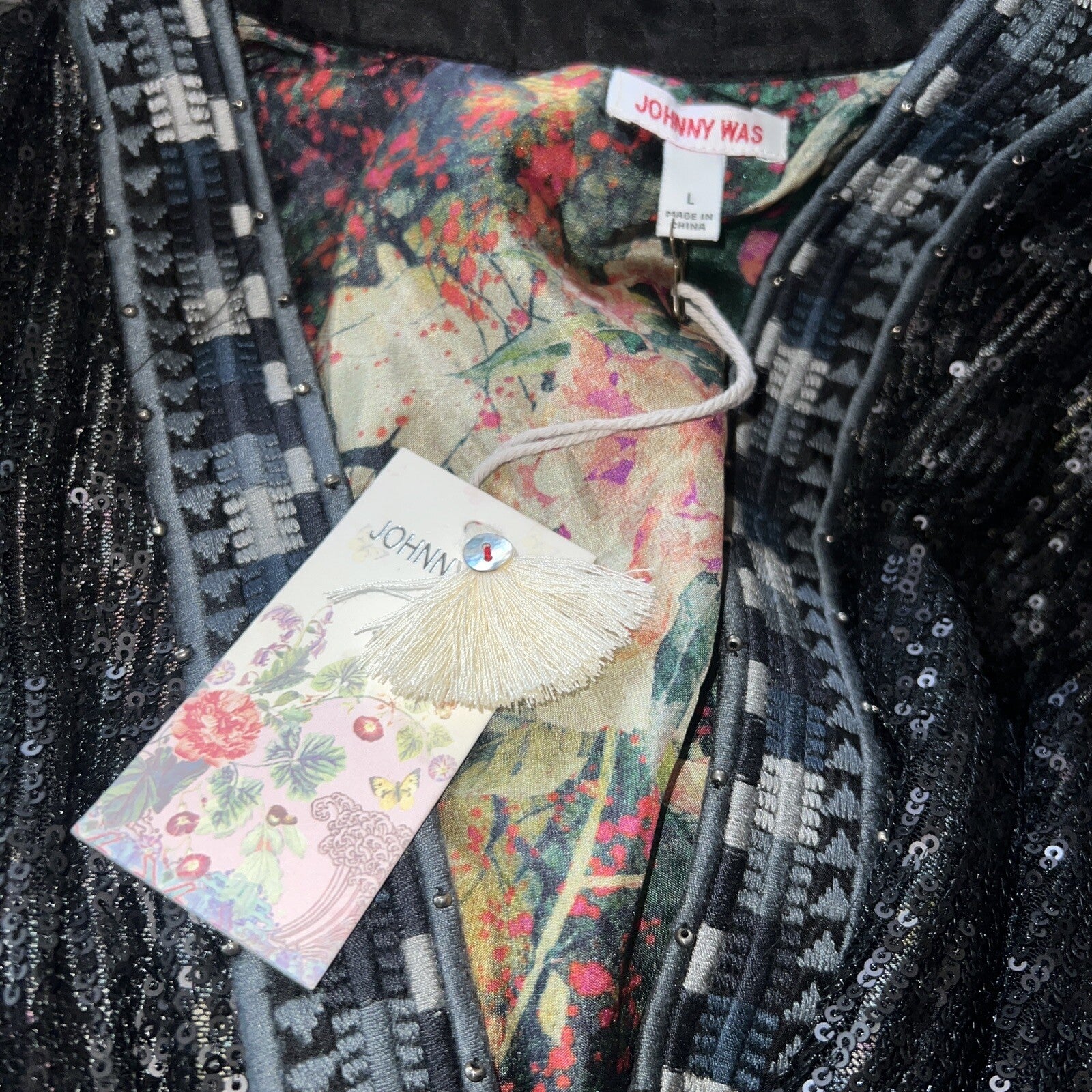 Johnny Was L 100% Silk & Sequins Black KIMONO Long Duster Coat REVERSIBLE Johnny Was