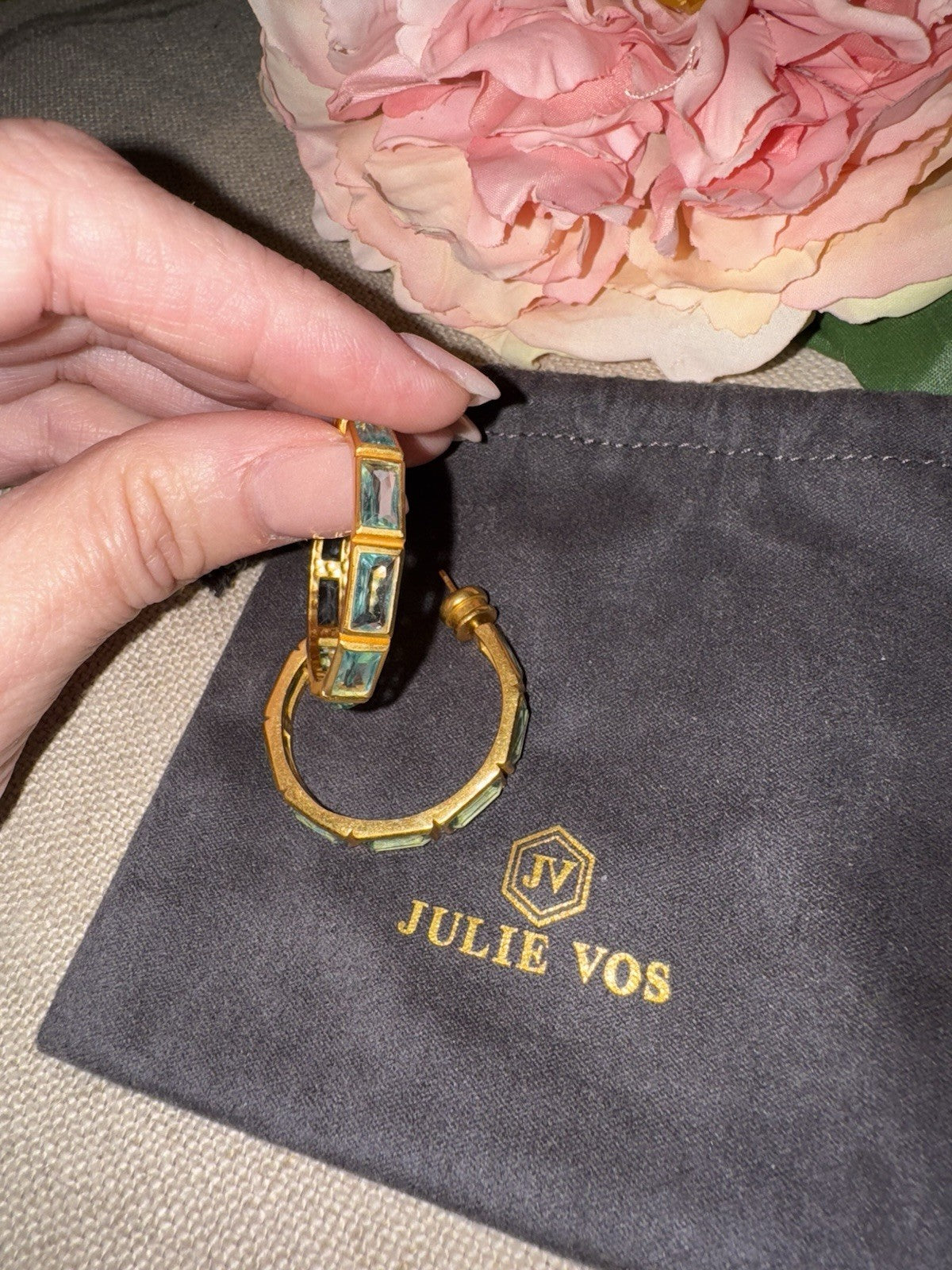 Julie Vos Baguette Clear Blue & 24k Gold Plated Hoop  Earrings 1.25” Julie Vos