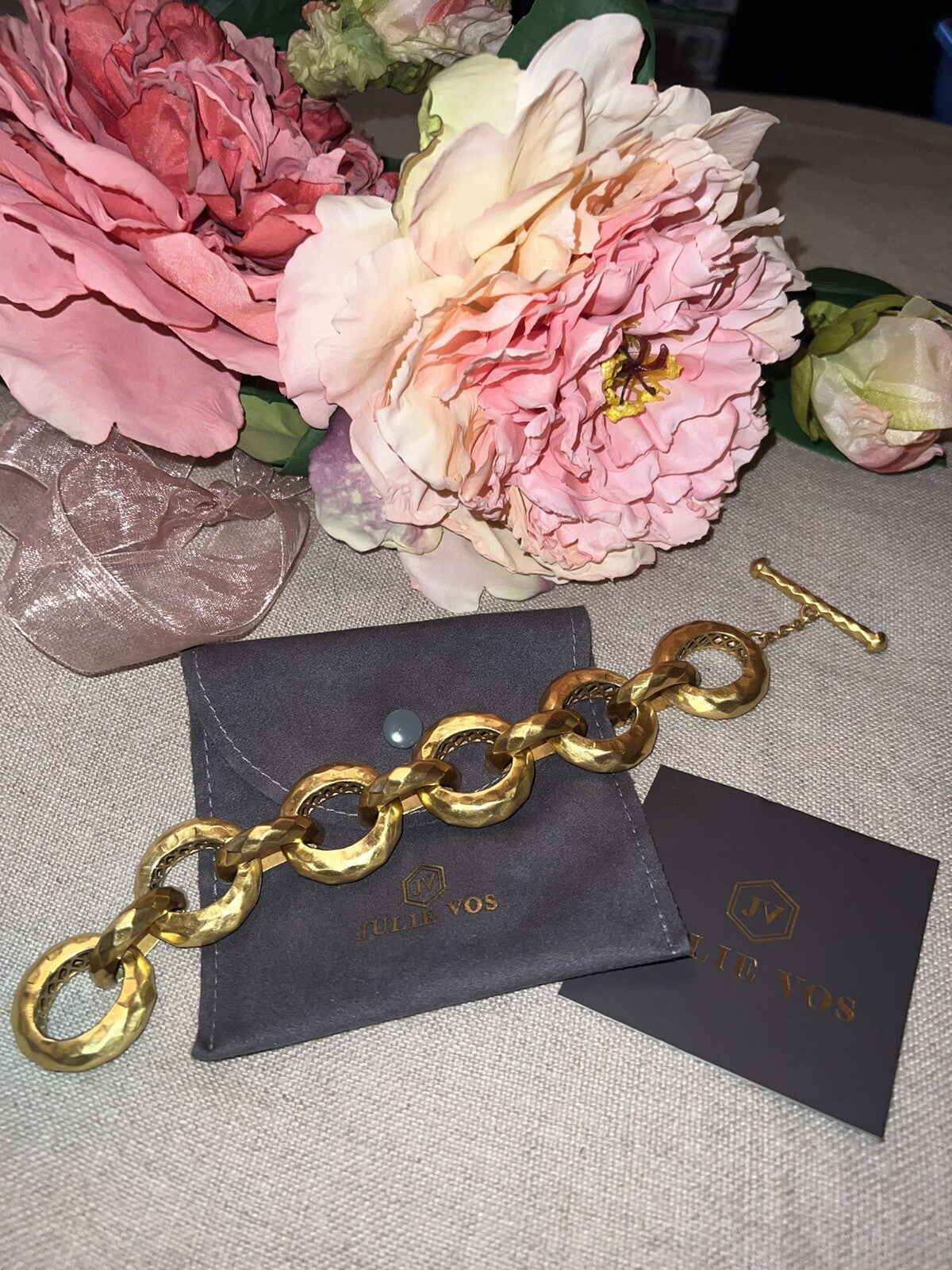 Julie Vos 9” Hammered Link Statement Bracelet Toggle Closure 24k Plated Julie Vos