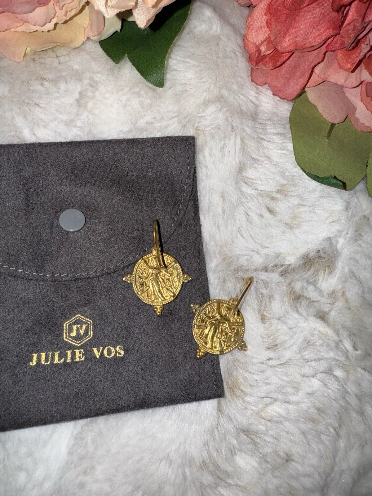 Julie Vos 24k Gold Plated Coin Medallion Hook Earrings CLASSIC STYLE