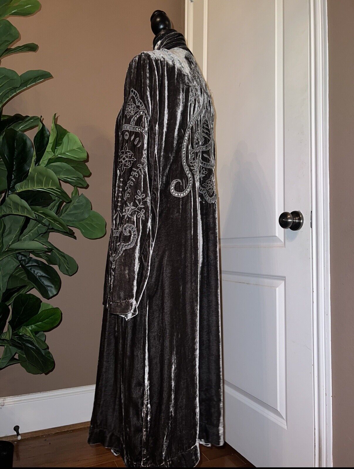 Johnny Was Grey Velvet Long Kimono Duster Wrap M Medium Eyelet Lace