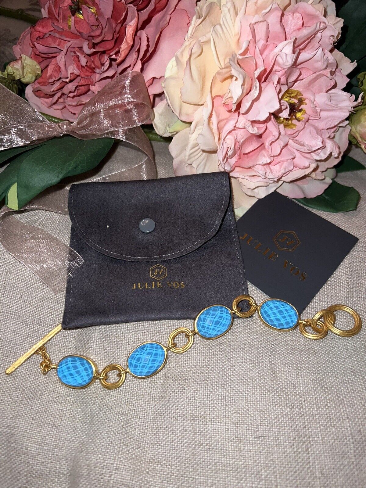 NEW Julie Vos Pacific Blue Toggle Link Bracelet 24k Gold Plates NWOT