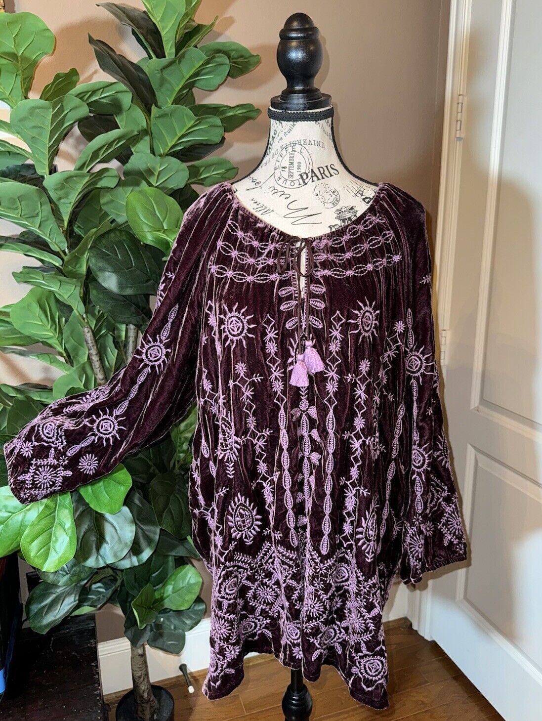 JOHNNY WAS XXL VELVET Eggplant Purple Embroidered Dress Peasant Top Tassels