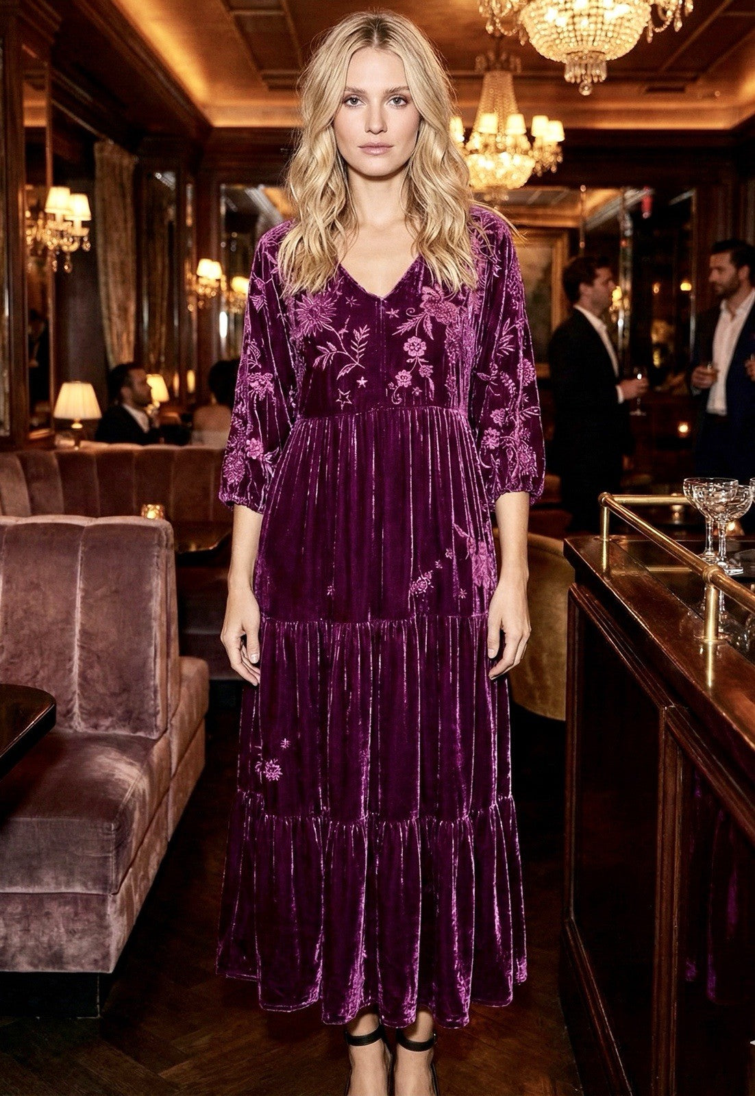 JOHNNY WAS XL Eggplant Velvet Midi Dress Tiered Embroidered Maxi $490 Retail Johnny Was