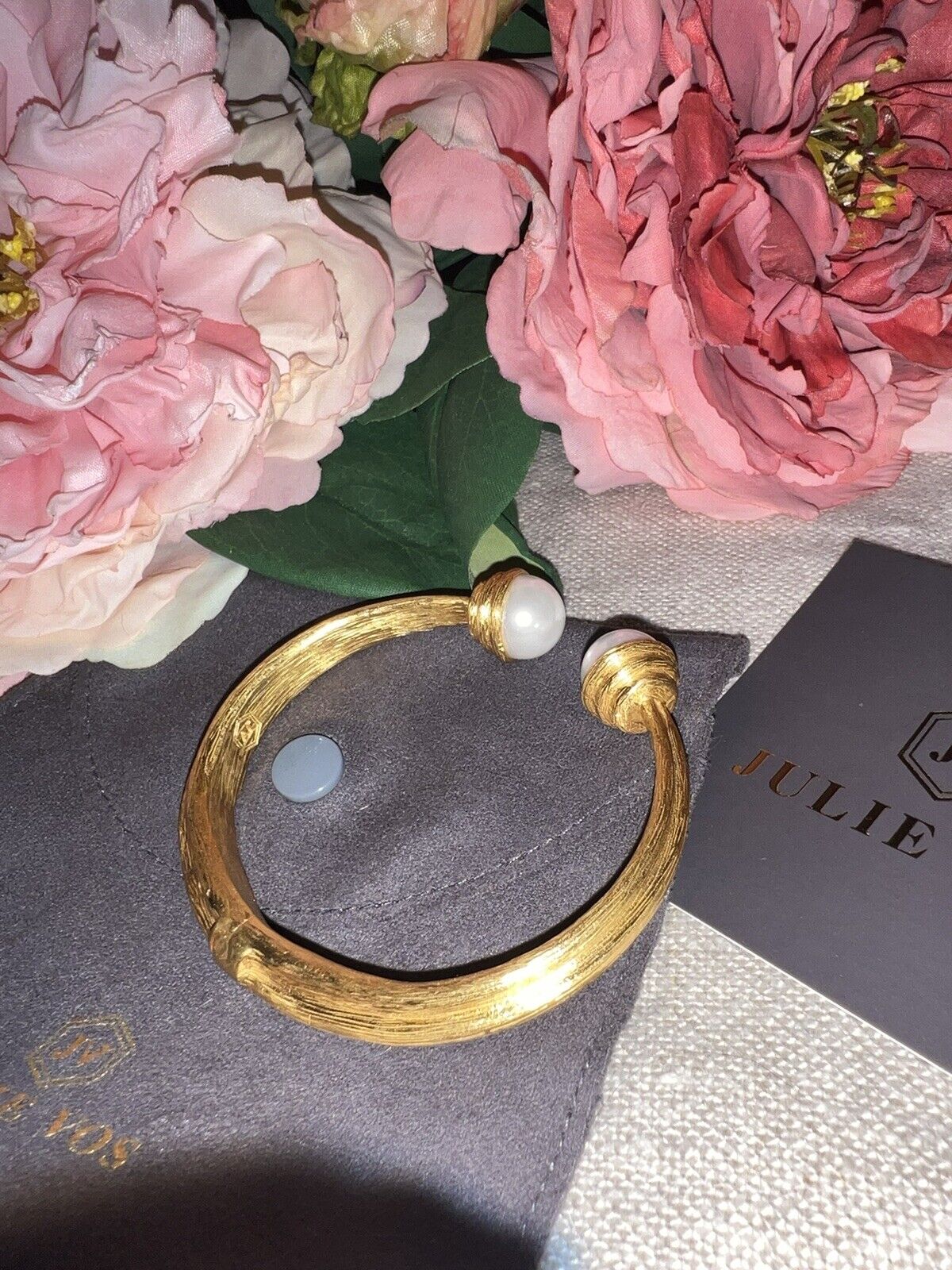 New Julie Vos Double Pearl 24k Gold Plate Hinged Bangle Cuff Bracelet