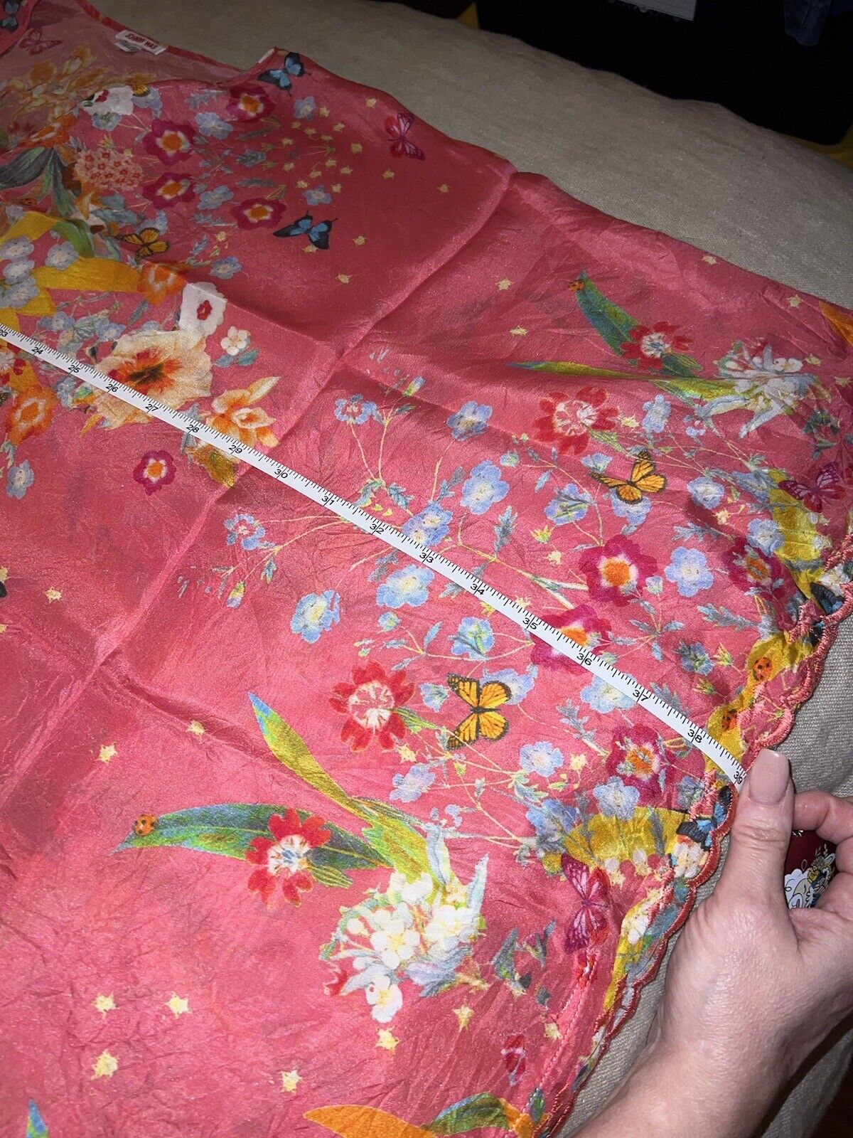 Johnny Was Pink O/S 100% Silk Kimono Wrap Top Cover Up Tassels Butterflies Flora