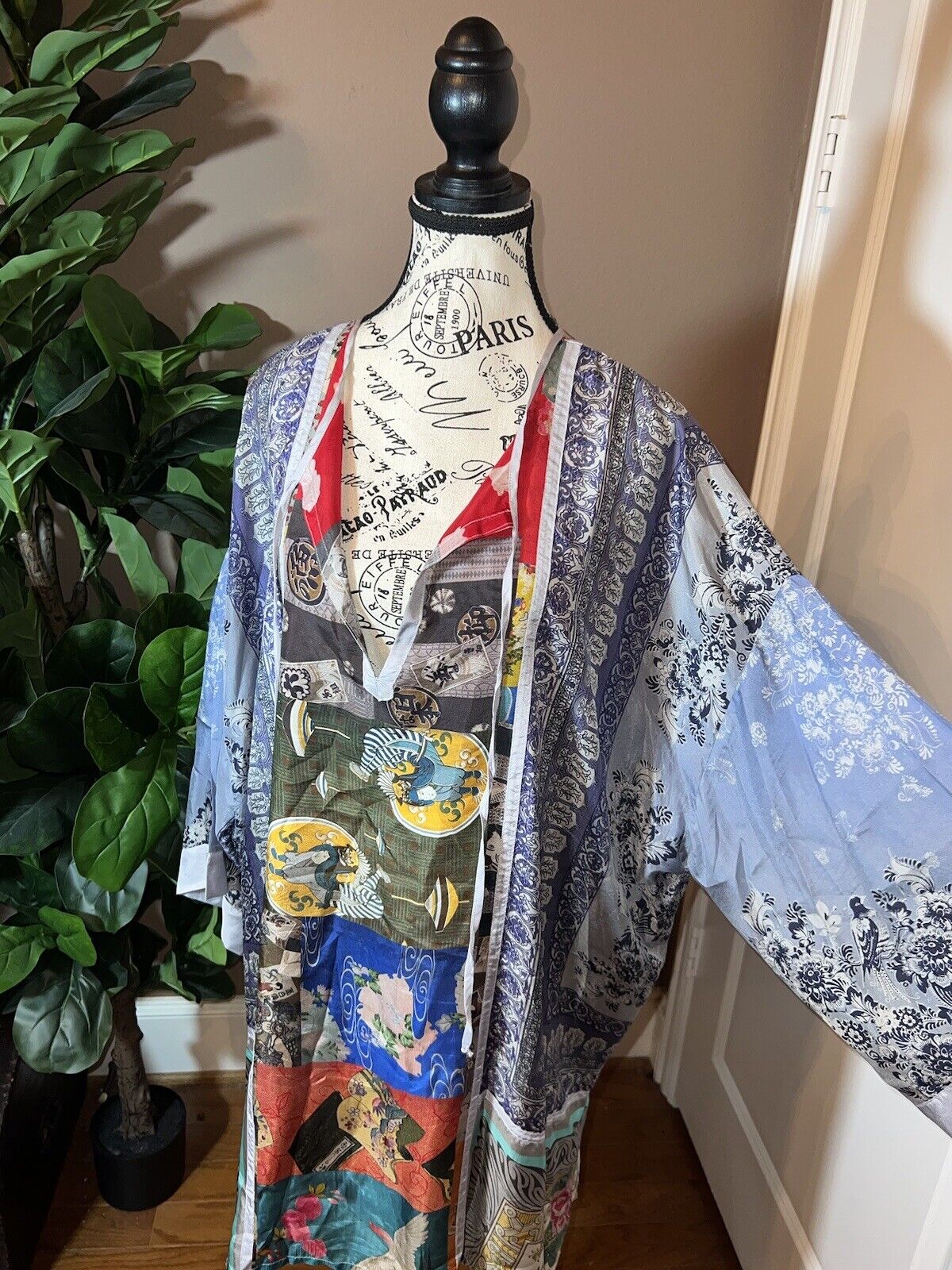 Johnny Was 100% Silk Sz L Large Tunic Top Mini Dress Kimono Sleeves OVERSIZED