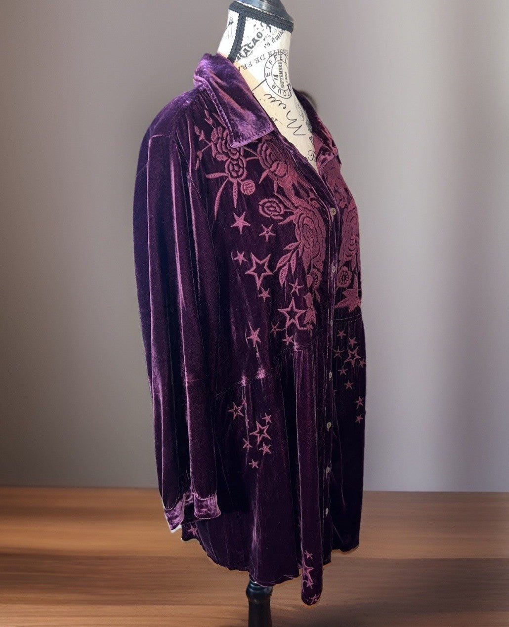 Johnny Was 1X Burgundy Wine Velvet Embroidery Shirt Peplum Top Button Babydoll Johnny Was
