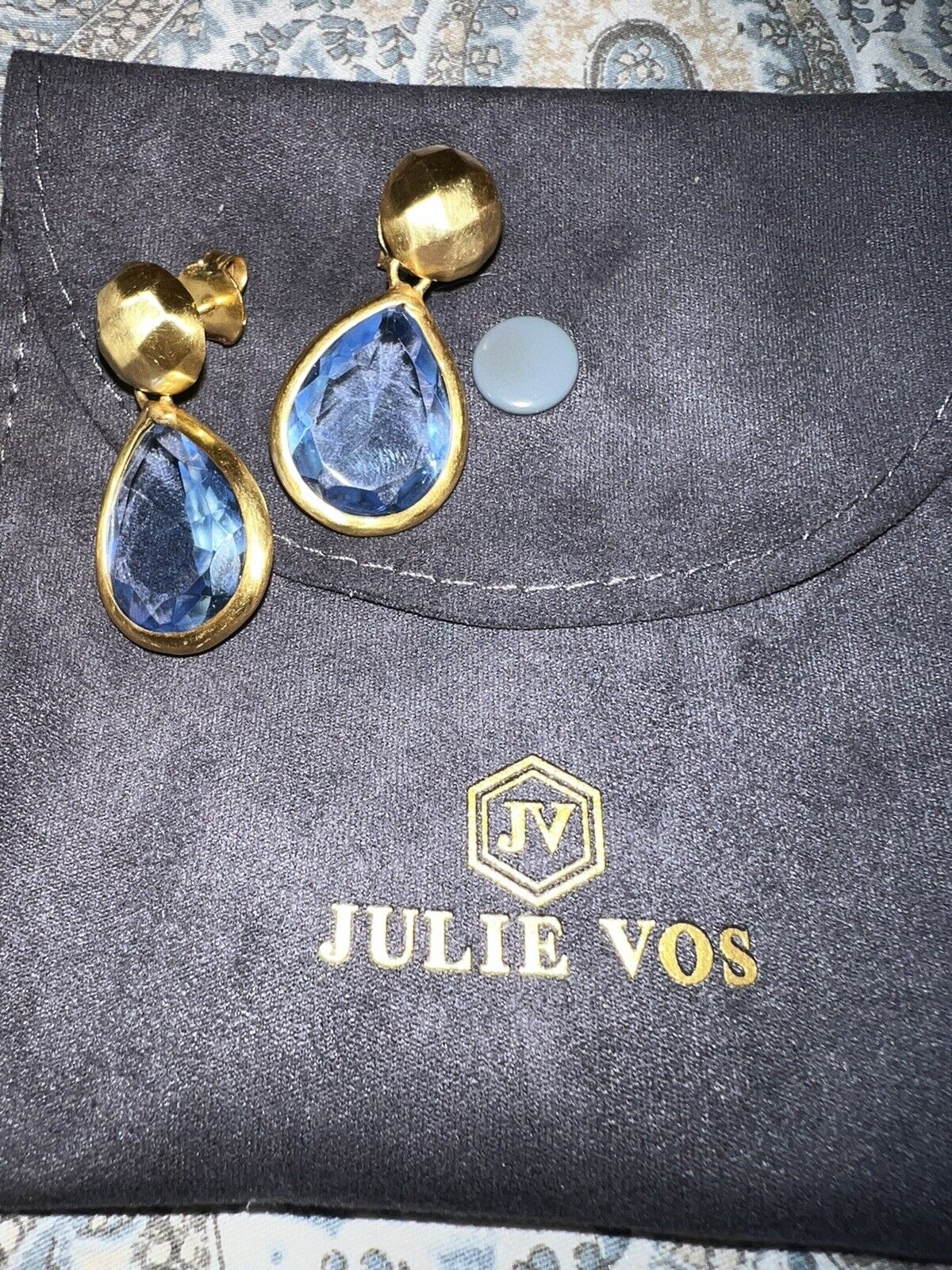 NEW Julie Vos Iridescent Blue Crystal Dangle Tear Drops Pierced Earrings  NWOT