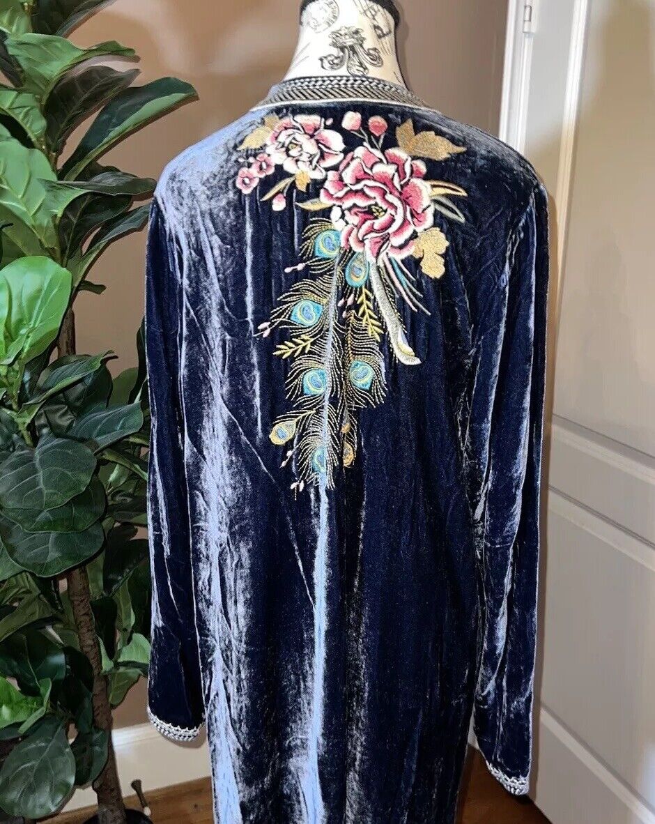 Johnny Was 3X Blue Velvet Mini Shift Dress Peacock Feather Embroidery Kimono SEE