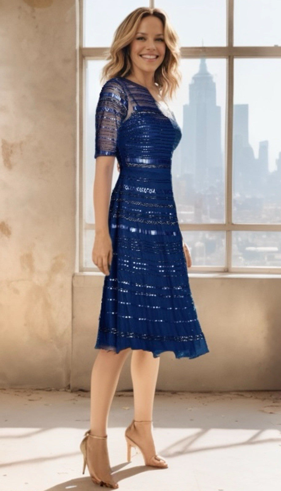 Johnny Was Sz 14 Blue Beaded Mesh Cocktail Party Dress $625 Retail Blk Label Johnny Was