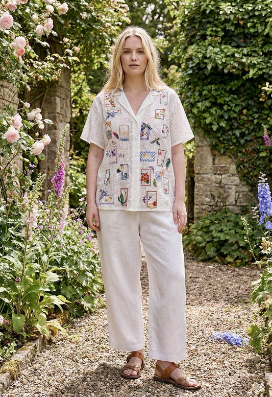 Johnny Was 1X Plus White Cotton Button Up Shirt Tunic Top Blouse Embroidered Johnny Was