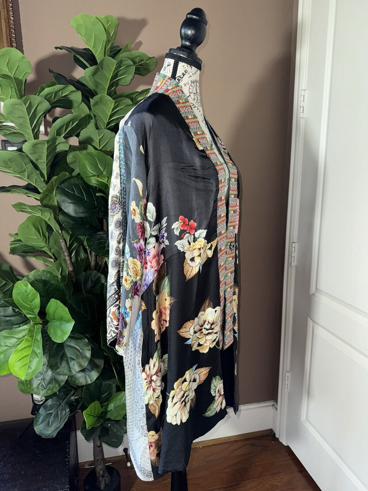 Johnny Was Sz L Silky Kimono Duster REVERSIBLE Embroidered Cardigan Wrap