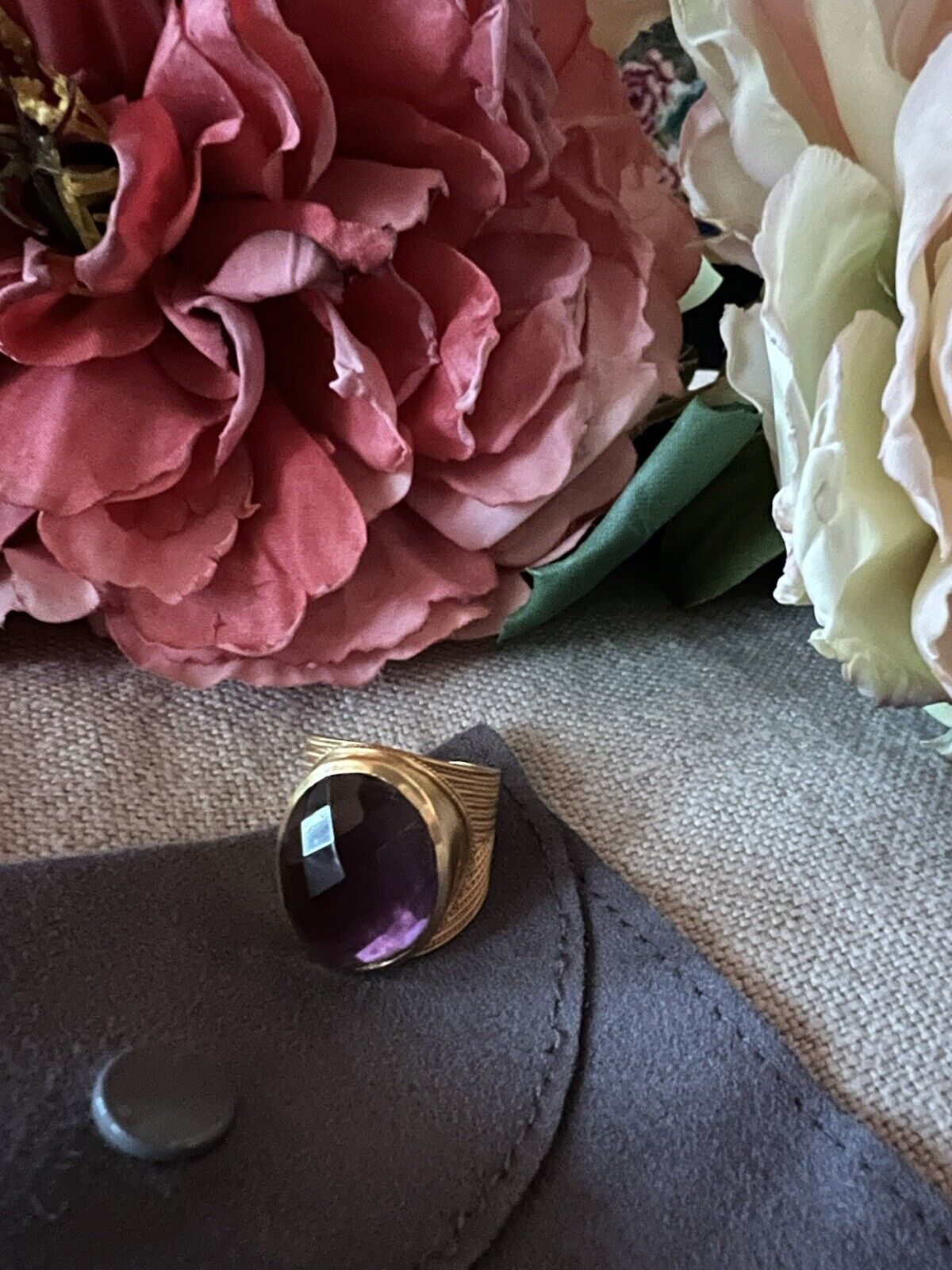 Julie Vos Verona Statement Ring Plum Purple Sz 8 Adjustable 24k Plated