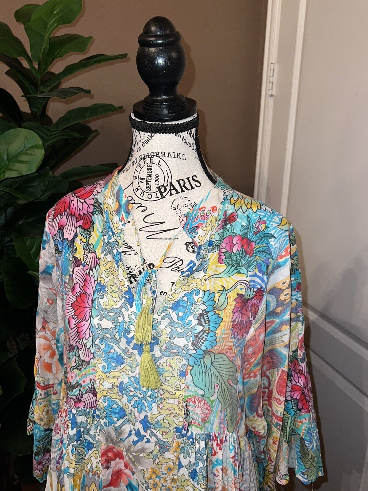 Johnny Was SZ L Large Cotton Floral Tunic Top Mini Dress Kimono Sleeves Tassels