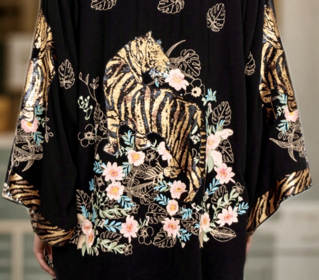 Johnny Was $490 L Large Black & Gold Sequin Kimono Jacket Tiger Silk Lined Johnny Was