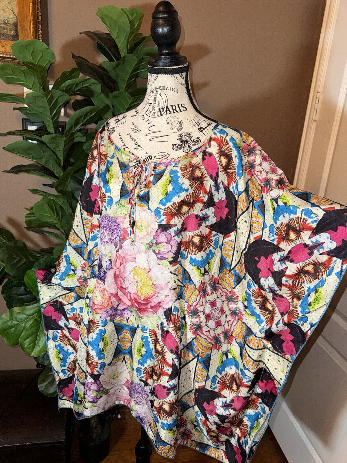 Johnny Was 3X 3XL 100% Silk Poncho Tunic Top Kimono Wrap Pink Floral