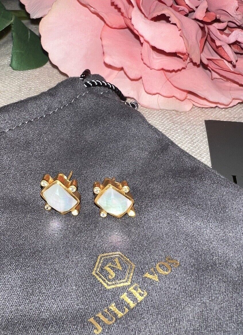 Julie Vos Iridescent Clear Stud Earrings 24k Gold Plated   CLASSIC