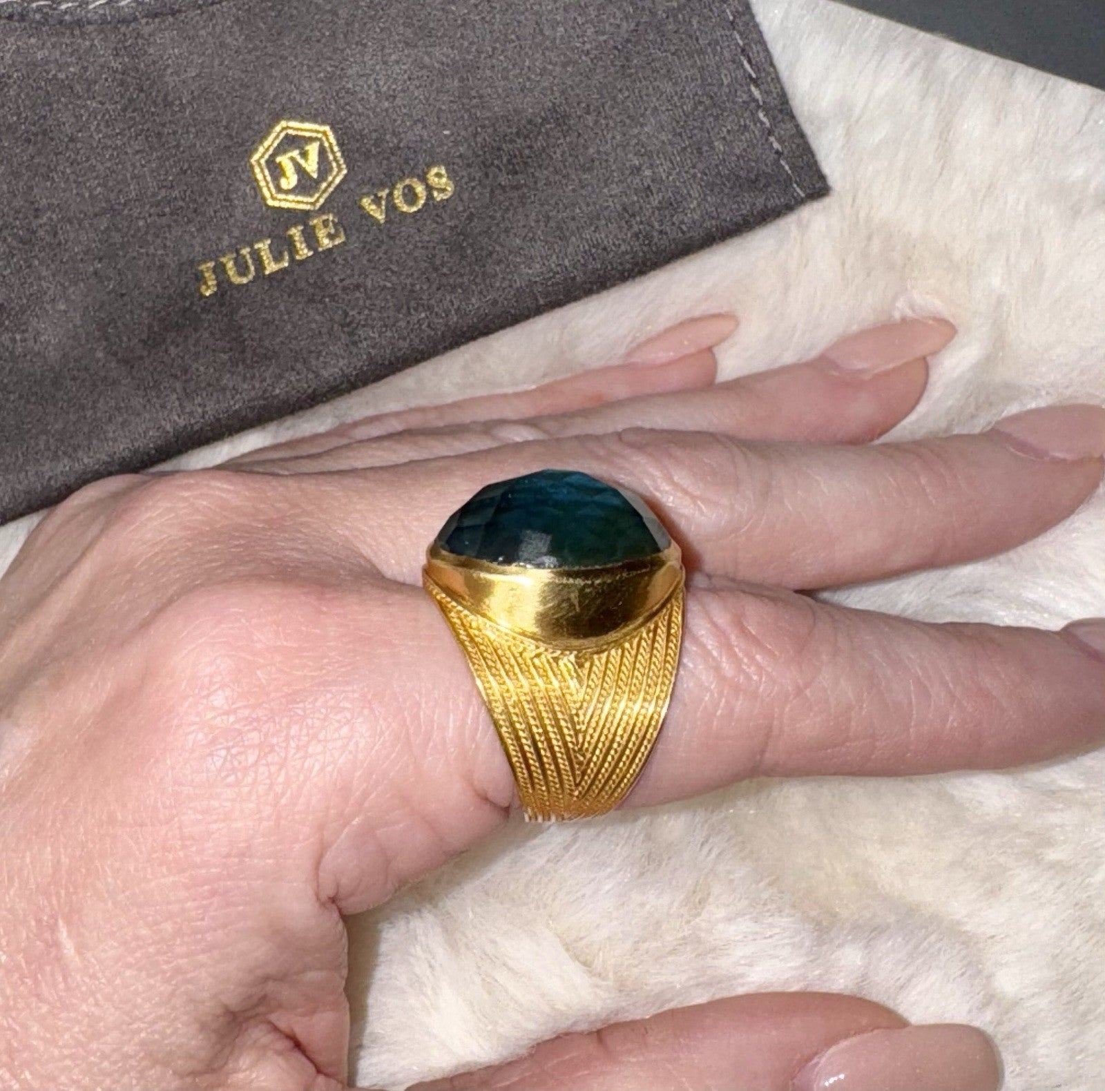 Julie Vos Iridescent Peacock Blue Statement Ring Sz 9 ADJUSTABLE 24k Gold Plate Julie Vos