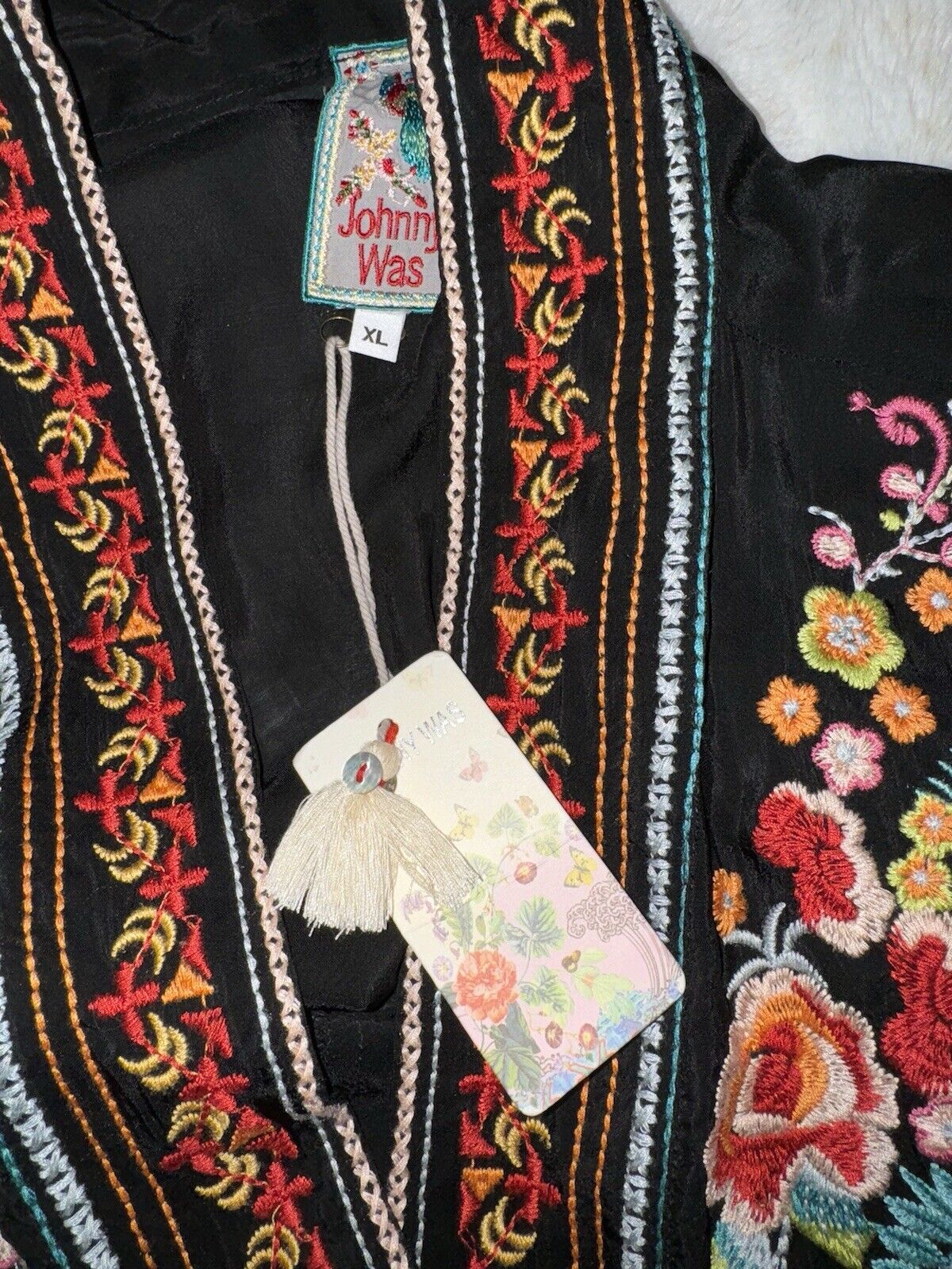 Johnny Was XL 1X Long Kimono Duster Black Pockets Embroidered Wrap Jacket