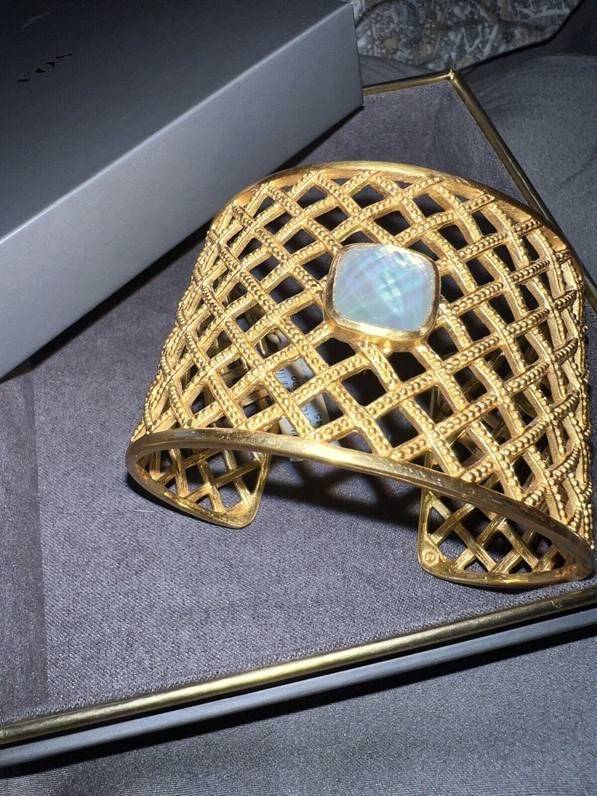 Julie Vos Basketweave Cuff Bracelet 24k Gold Plated Iridescent White Stone