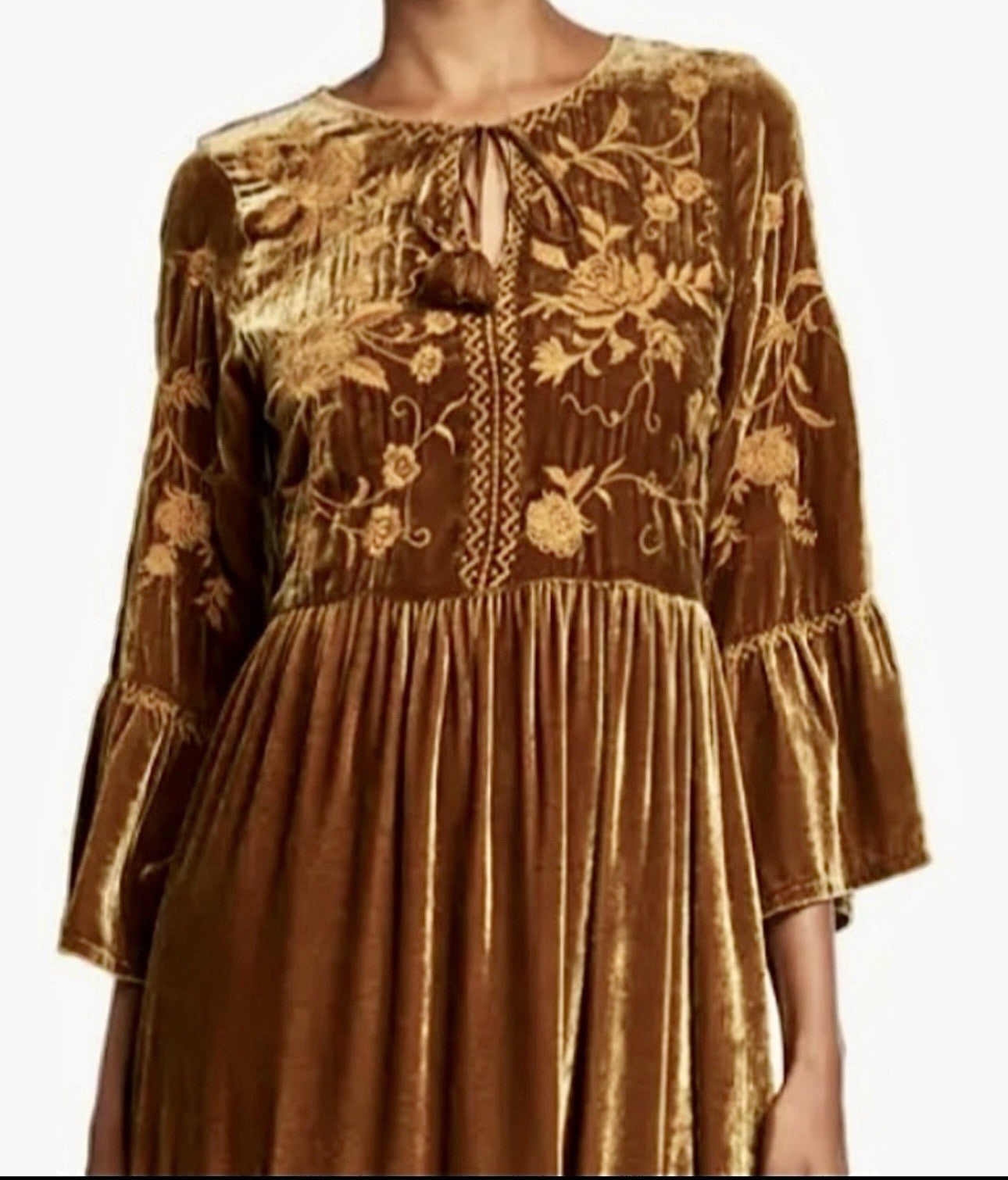 JOHNNY WAS L Large Golden Brown Velvet Midi Dress Tiered Embroidered Maxi Johnny Was