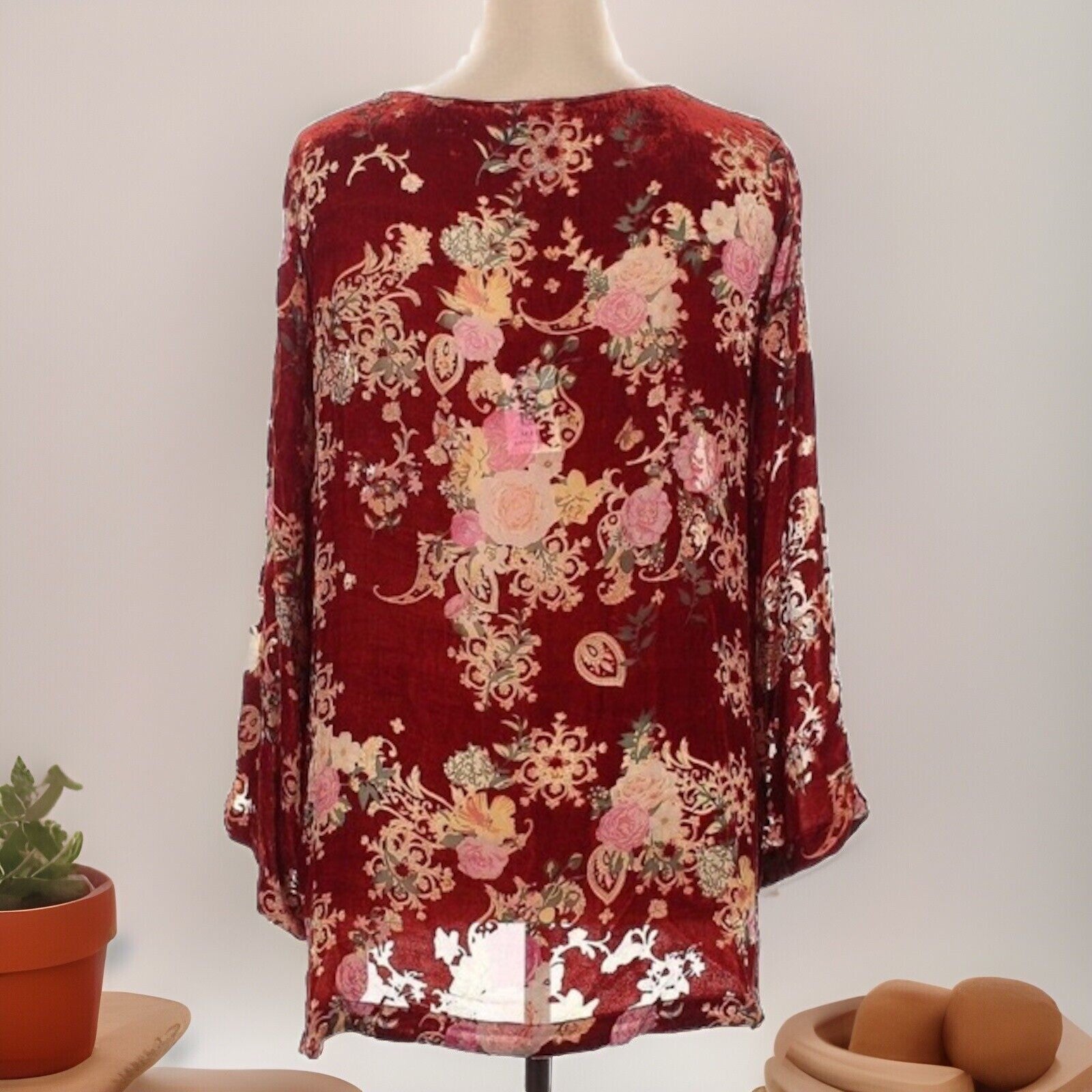 Johnny Was XL Red Burnout Velvet & Silk Tunic Top Peasant Blouse Shirt Johnny Was
