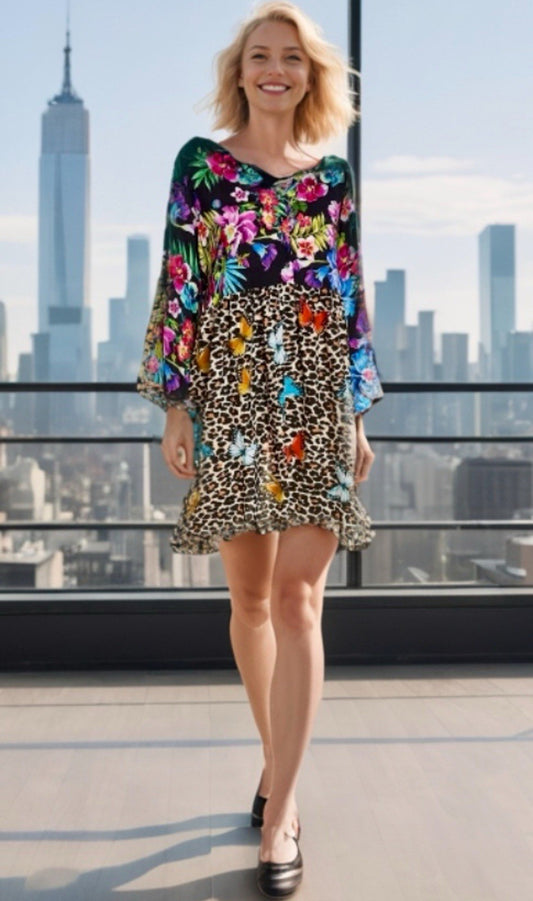 Johnny Was Plus 3x Leopard & Butterfly Shift Mini Dress Babydoll Lightweight Johnny Was