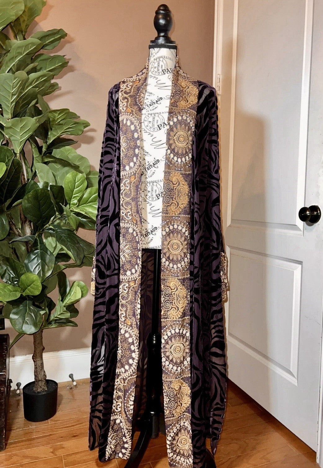 Johnny Was XL Burnout Velvet Long Kimono Duster Wrap Deep Eggplant Zebra & Gold Johnny Was
