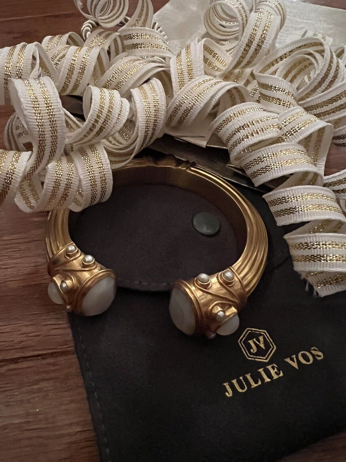 Julie Vos Hinged Bangle Cuff Bracelet 24k Gold Plate & Creamy White