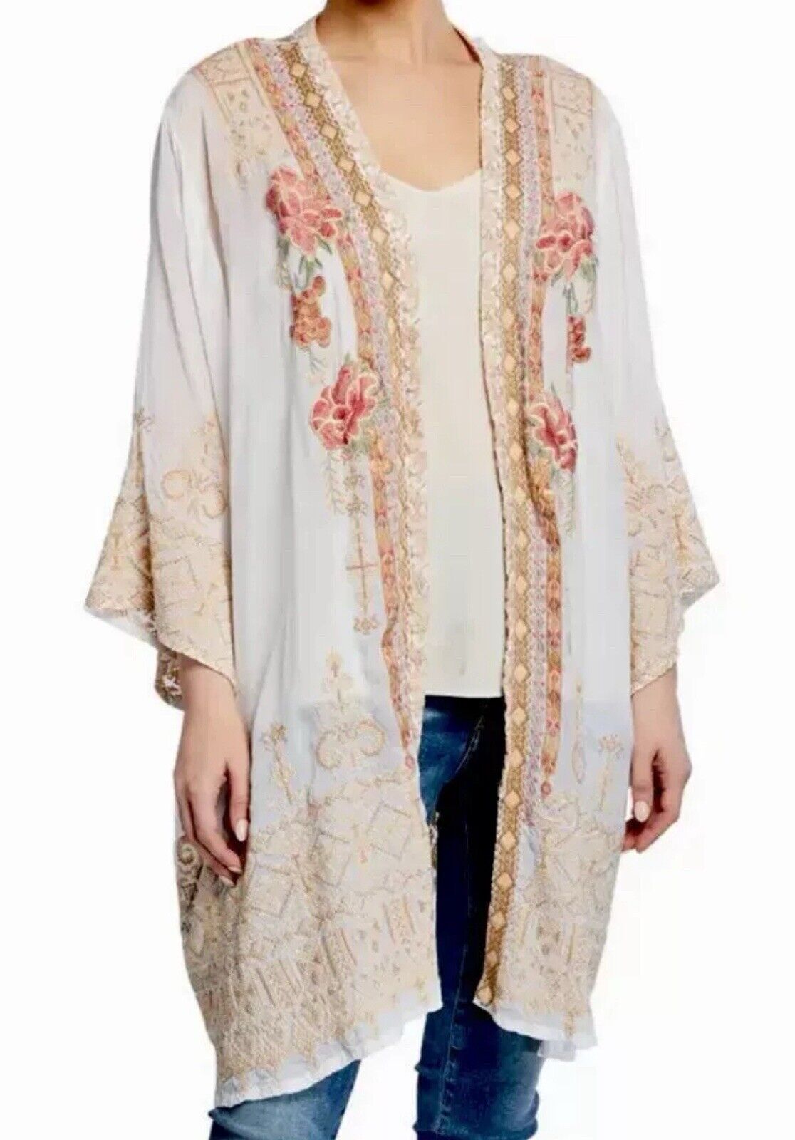 Johnny Was XXL 2X Silky White Kimono Heavily Embroidered BOHO Pockets Roses