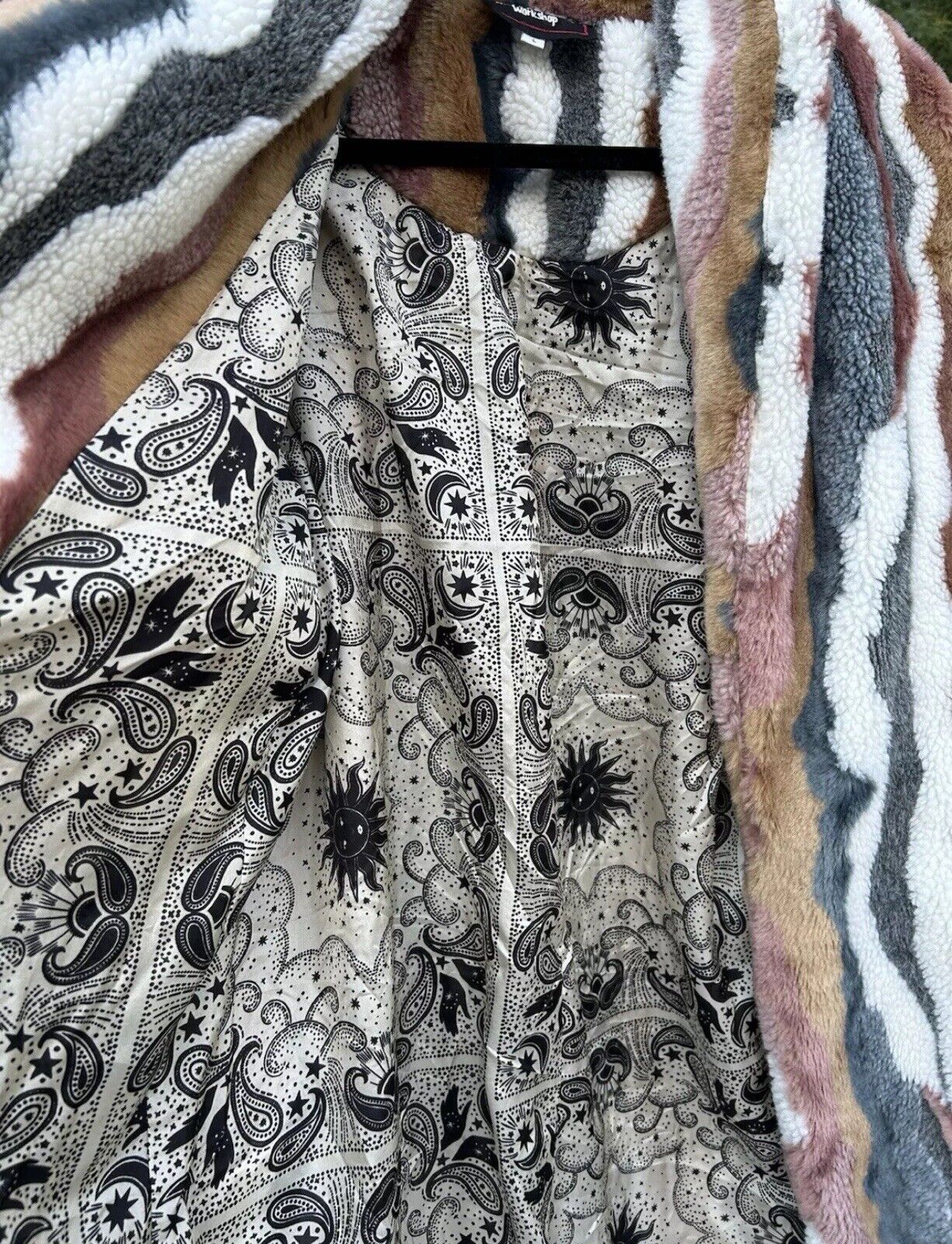 Johnny Was Large Faux Fur Coat Jacket Multi Color Wrap Silk Lined BOHO