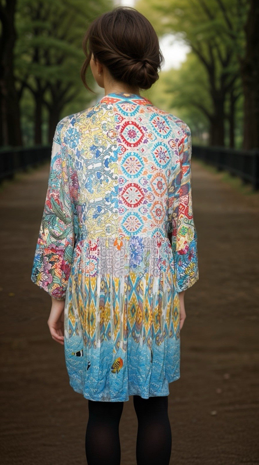 Johnny Was SZ L Large Cotton Floral Tunic Top Mini Dress Kimono Sleeves Tassels Johnny Was