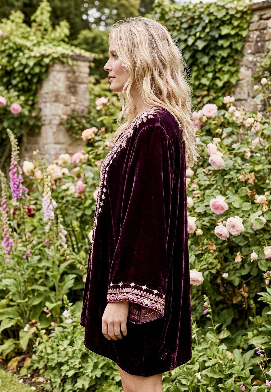 Johnny Was XL Wine Velvet Peasant Blouse Embroidered Tunic Top Kimono Sleeve Johnny Was