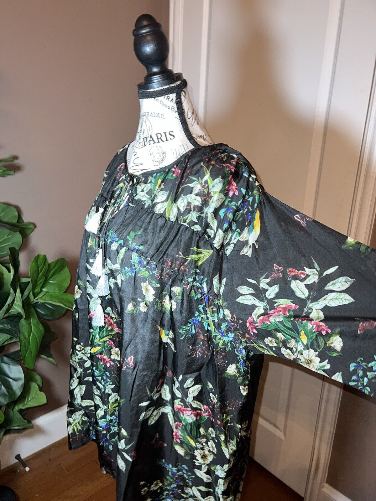 Johnny Was 100% Silk Black Floral Tunic Top Kimono 2X 2XL XXL  Butterfly