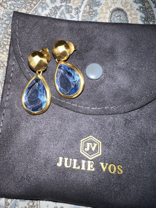 NEW Julie Vos Iridescent Blue Crystal Dangle Tear Drops Pierced Earrings  NWOT