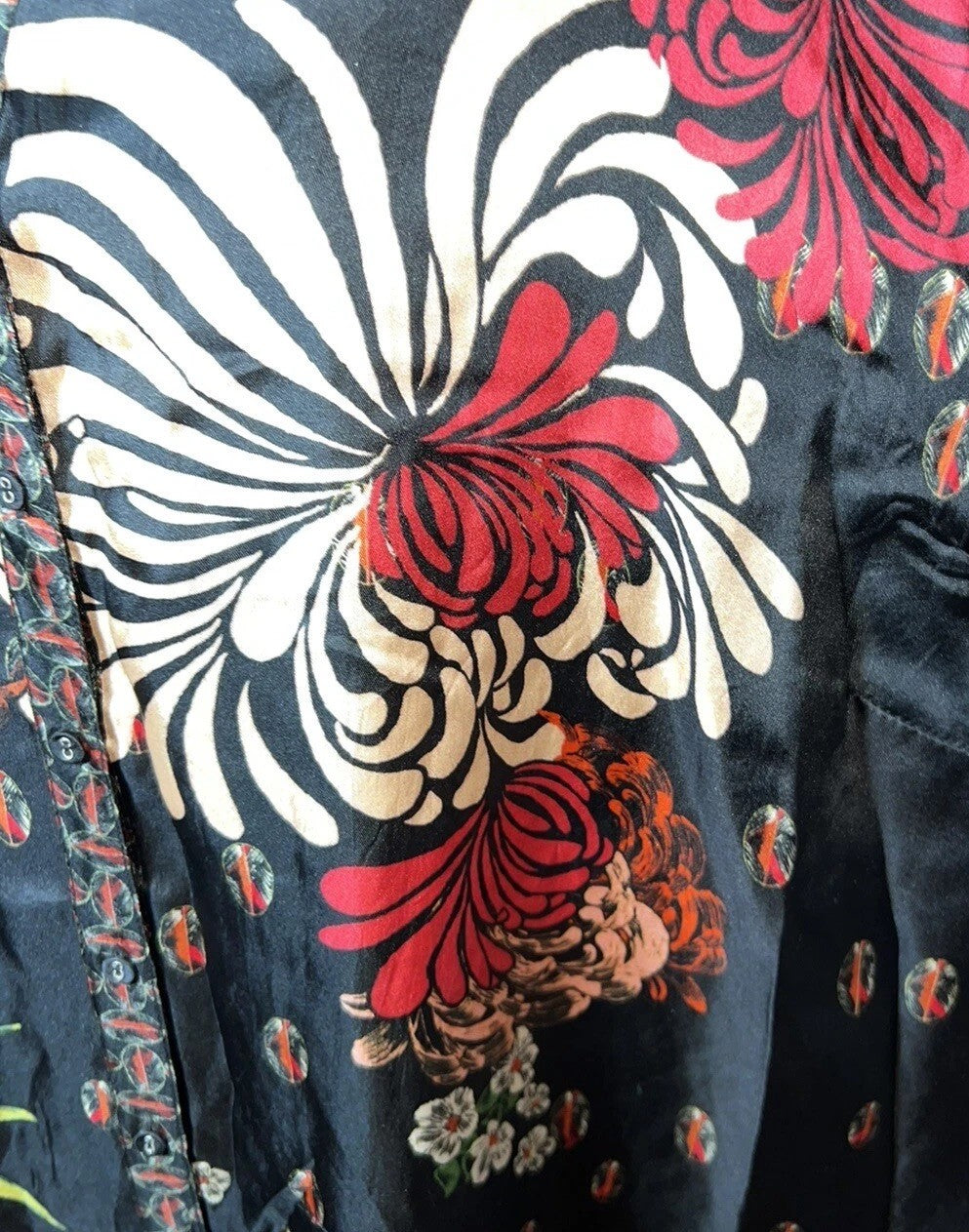 Johnny Was XL 100% Silk Black & Red Floral Blouse Button Up Tunic Top Mini Dress Johnny Was