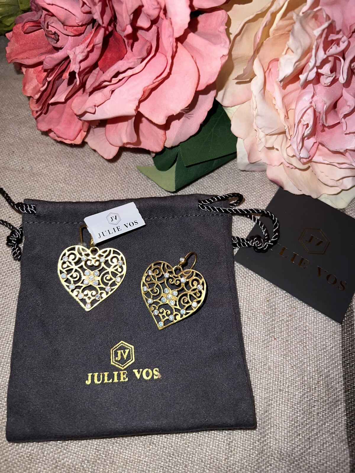 Julie Vos Heart Earrings CZ Embellished 24k Gold Plated Luxe statement Julie Vos