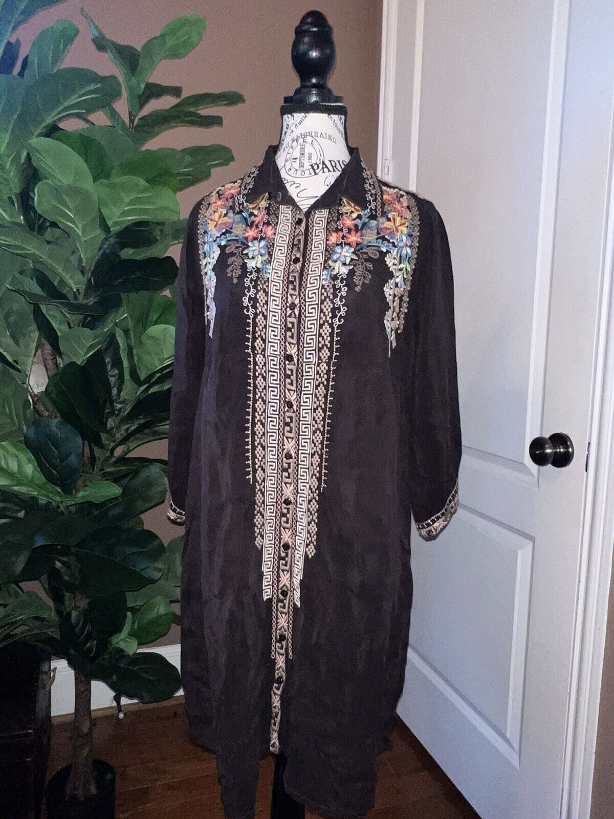 Johnny Was Brown Embroidered Silky Tunic Top Mini Dress Kimono Sleeves M Medium