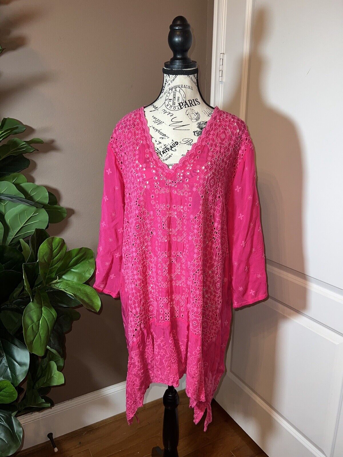 JOHNNY WAS Women's Barbie Pink Eyelet Tunic Blouse Kimono Top XXL 2X 2XL SPRING