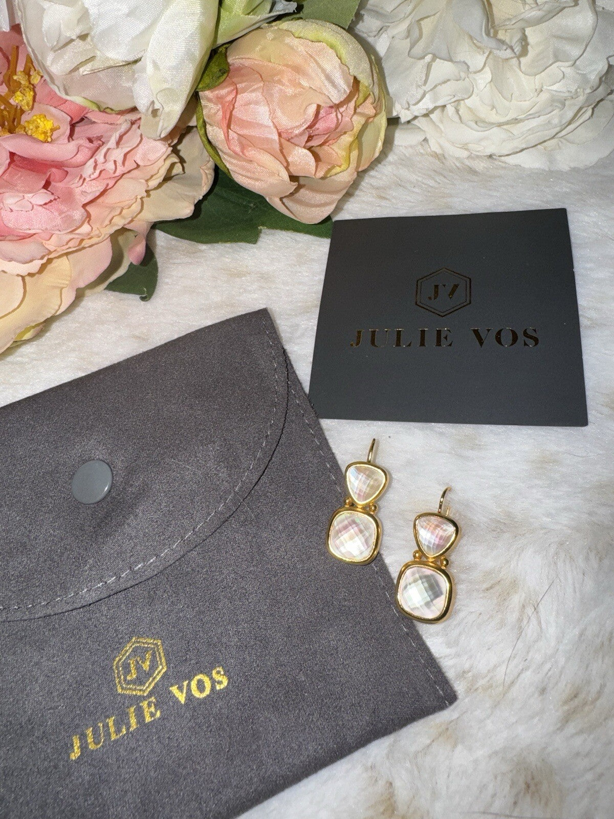 Julie Vos Iridescent Clear Drop Earrings 24k Gold Plated   STUNNING Julie Vos