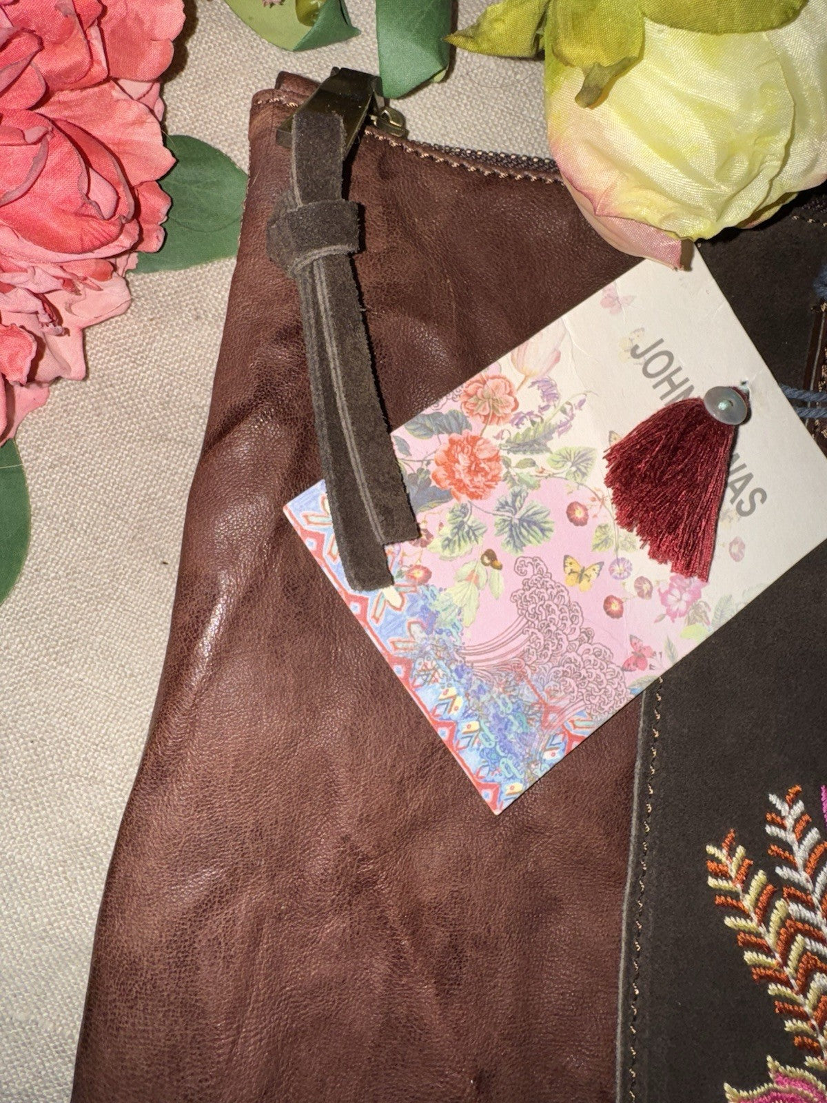 Johnny Was Dark Chocolate Brown Leather & Suede Bag Purse Tote Hobo Tassels Johnny Was