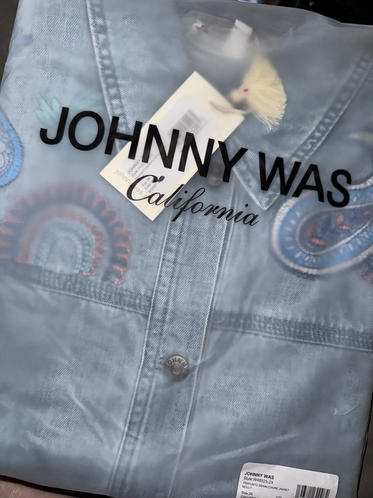 Johnny Was 2X Plus Denim Worker Jacket Coat Embroidered Birds & Paisley Johnny Was