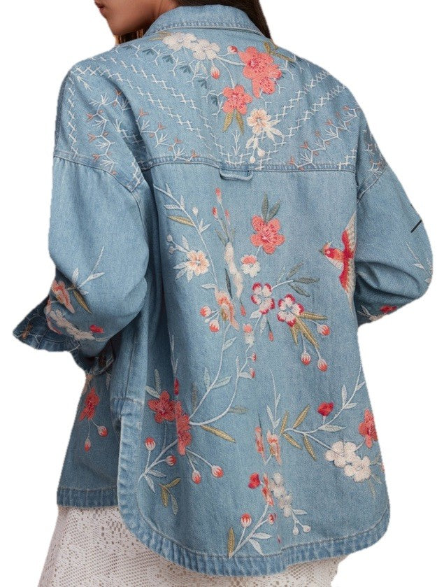 Johnny Was XL Denim Jacket Shacket Coat Embroidered Roses Light Wash Johnny Was