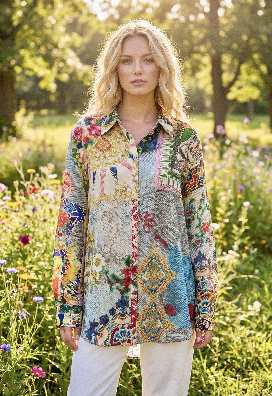 Johnny Was XL 100% Silk Button Up Blouse Long Sleeve Tunic Top Shirt Lightweight Johnny Was