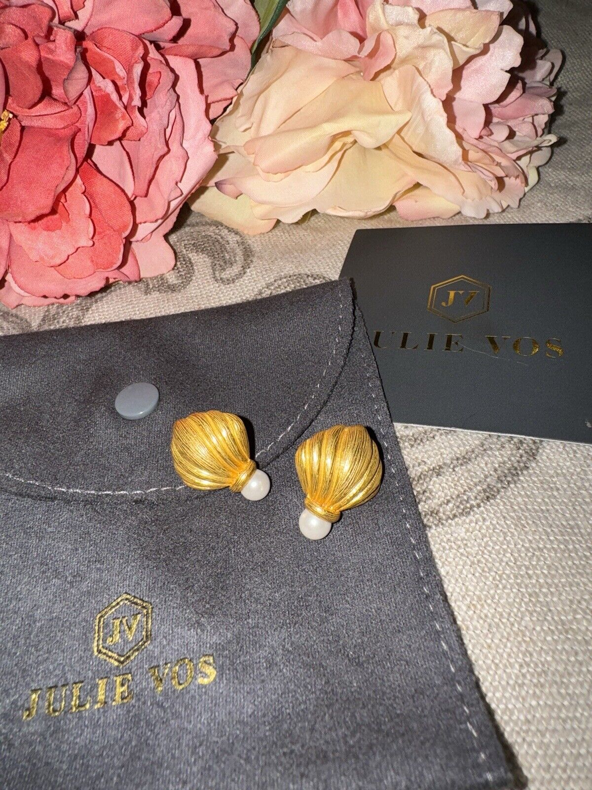 Julie Vos Pearl & 24k Gold Plated Shell Crest Stud Earrings RETIRED