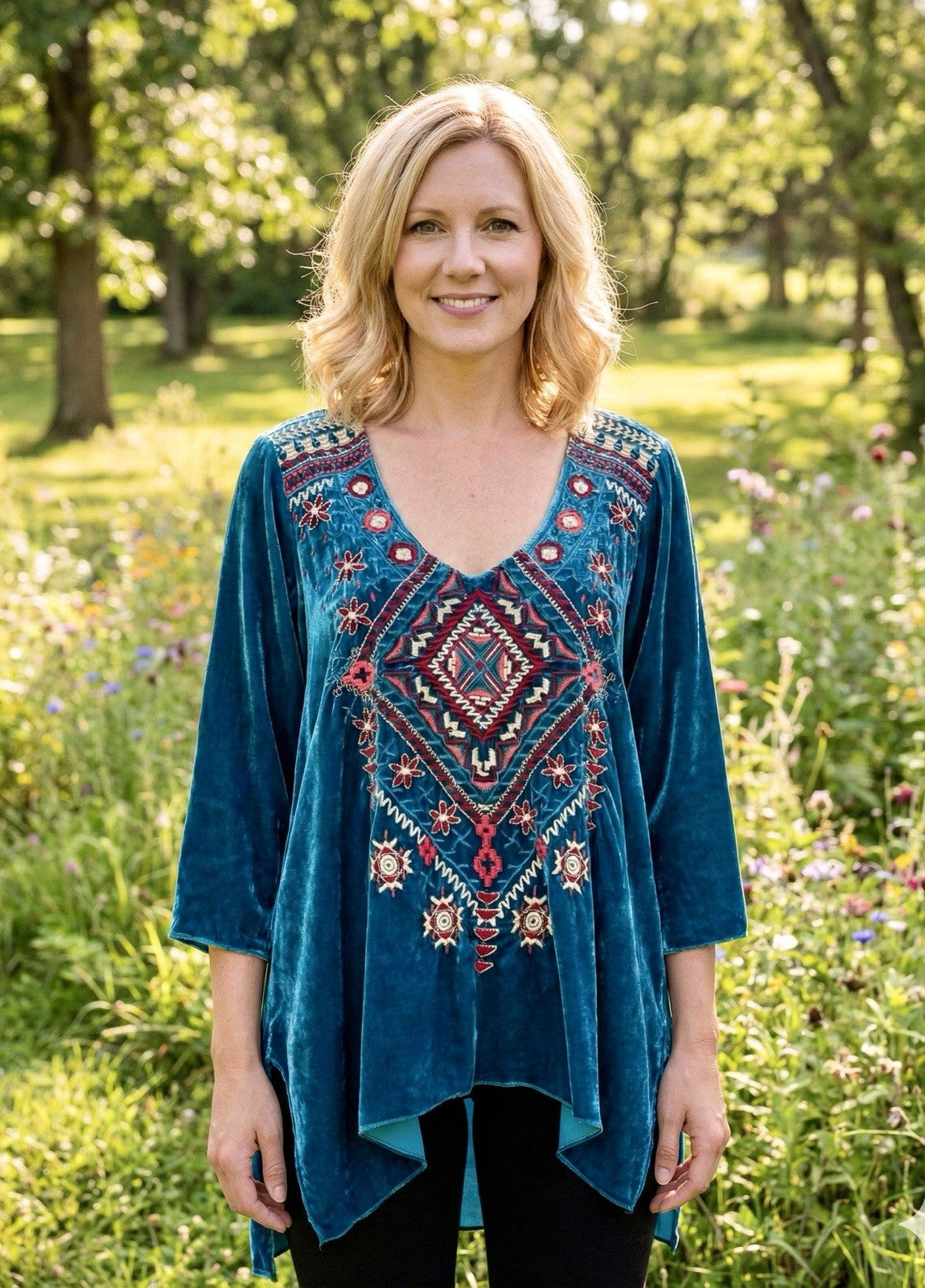 Johnny Was 1X Plus Turquoise Blue Velvet Tunic Top Long Sleeve Blouse Shirt Johnny Was