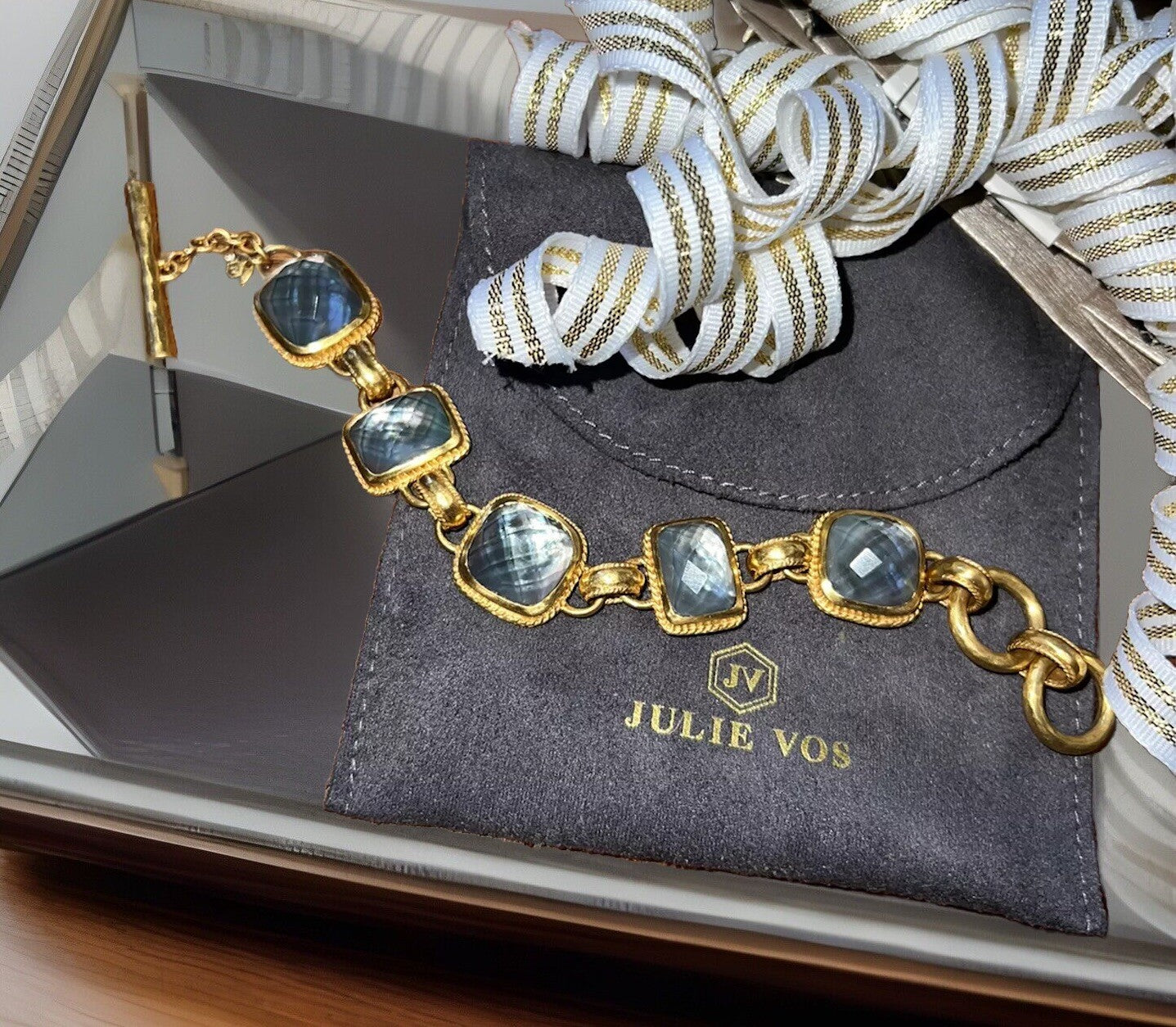 Julie Vos Iridescent Charcoal Blue Link Bracelet 24k Plate Adjustable Toggle Julie Vos
