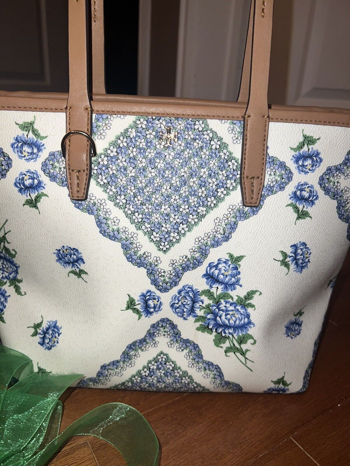 Tory Burch Kerrington Blue & White Squareterrace Ditsy Floral Tote Bag Purse